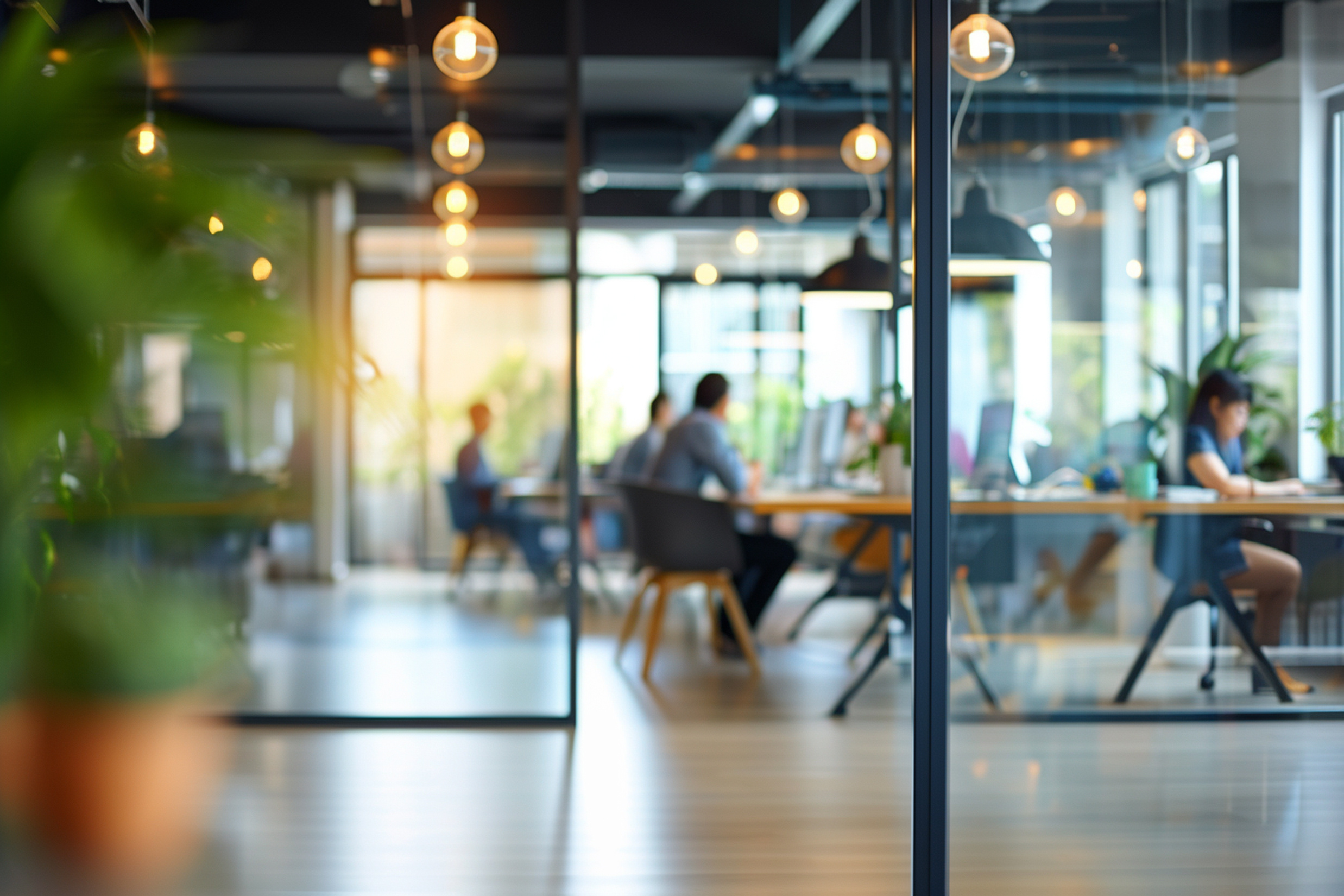 Business office interior with panoramic windows and beautiful lighting with blurred people casual wear